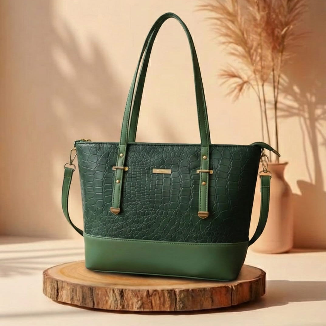 Green handbag on a wooden stand with a neutral background