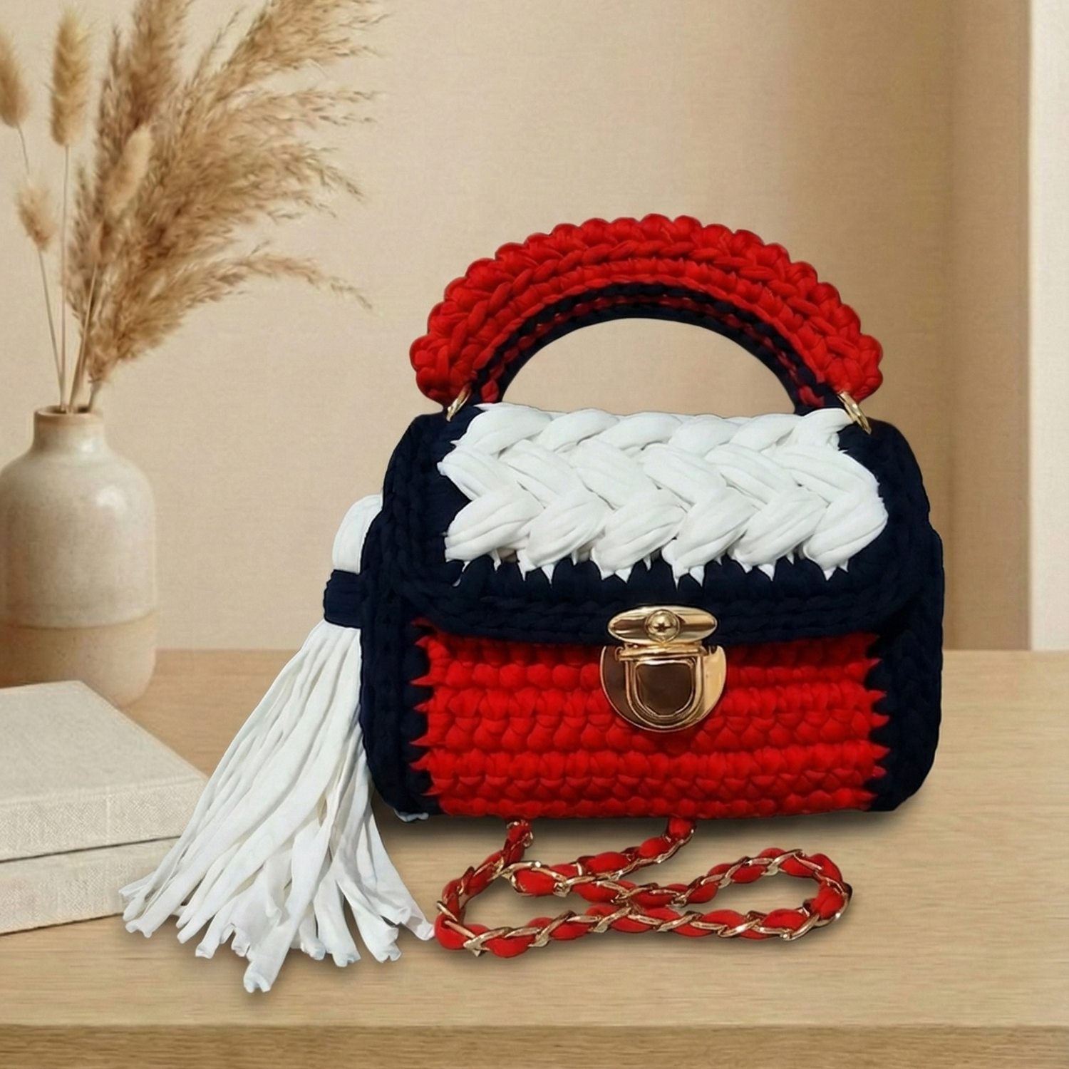 Crocheted handbag with red and black design on a wooden surface with a neutral background
