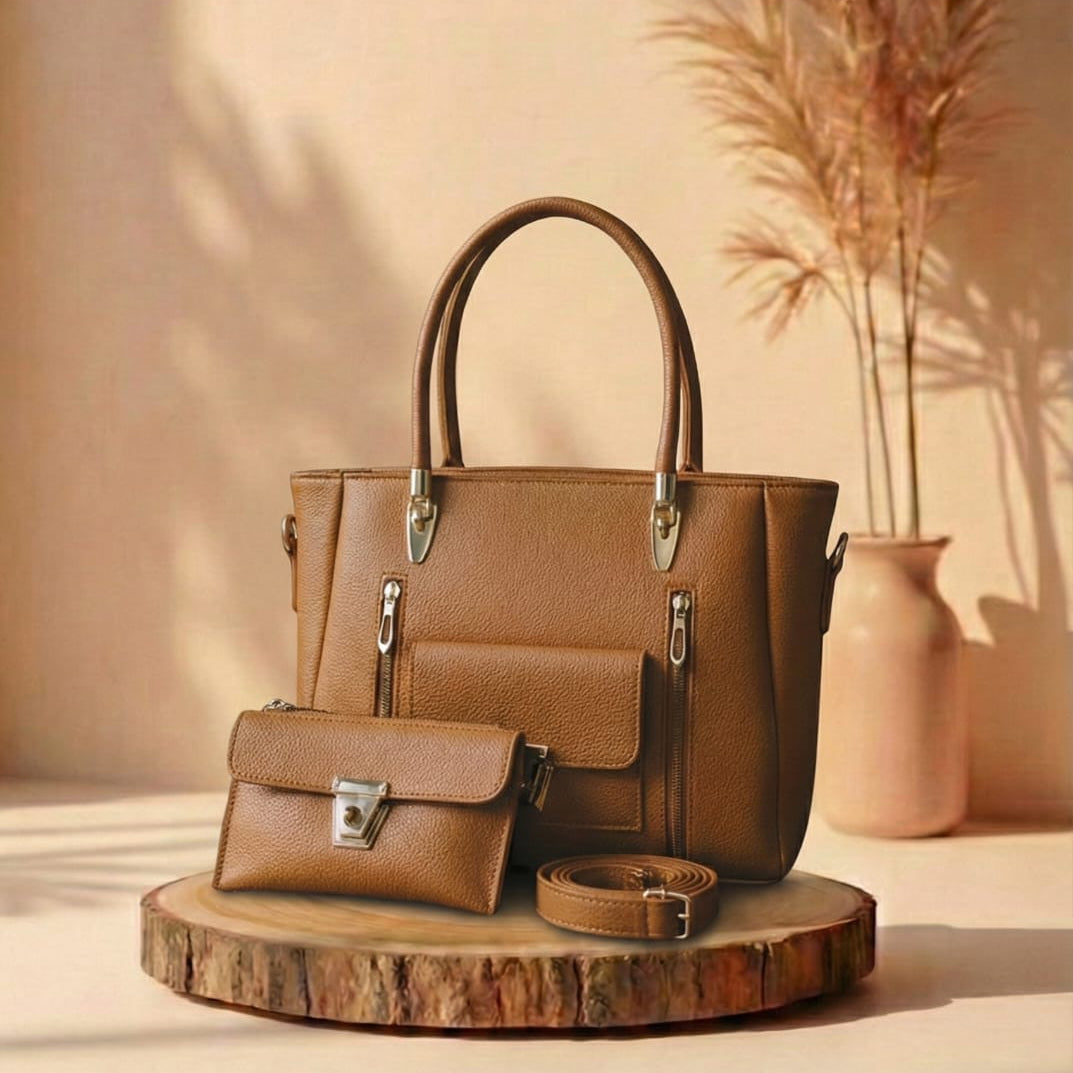 Brown handbag and matching pouch on a wooden stand with a neutral background
