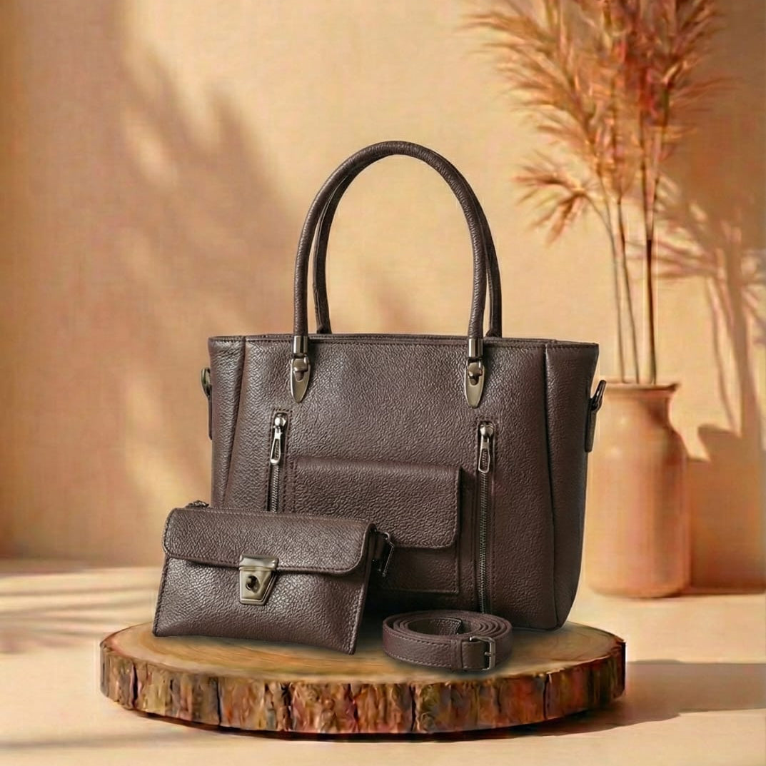 CHOCO BROWN and matching pouch on a wooden stand with a beige background