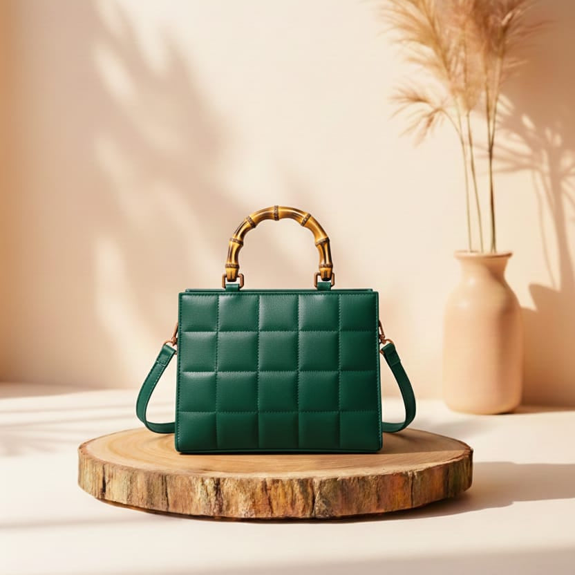 Green quilted handbag with bamboo handle on a wooden stand against a beige background