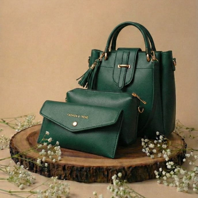 Green handbag on a wooden stand with a beige background