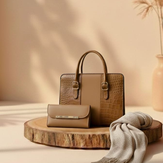 Brown handbag on a wooden stand with a beige wall and decorative elements.