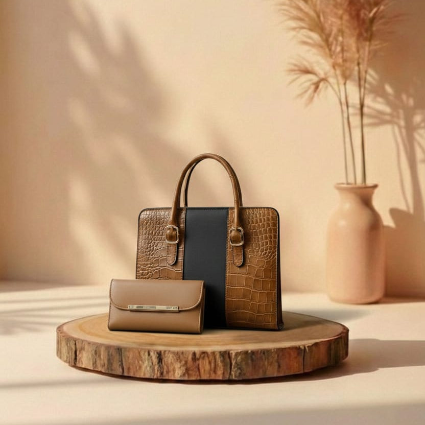 Brown/black handbag with beige pouch on a wooden stand against a beige wall with a vase and dried plants.