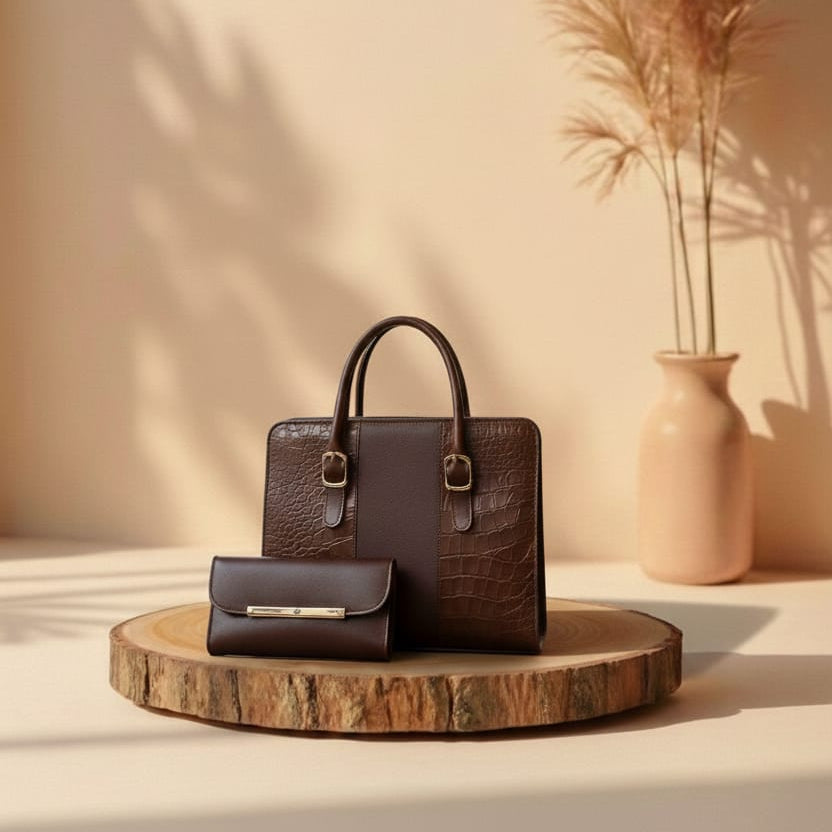 choco Brown handbag and wallet on a wooden stand with a vase and plants in the background.