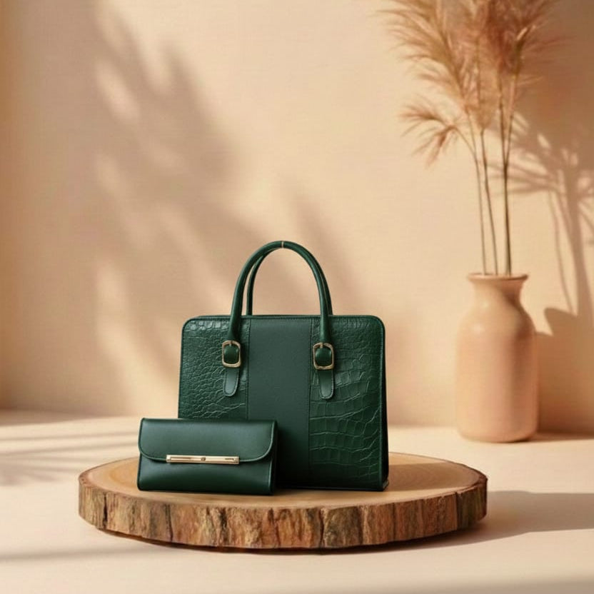 Green handbag on a wooden stand with a vase and dried plants in the background
