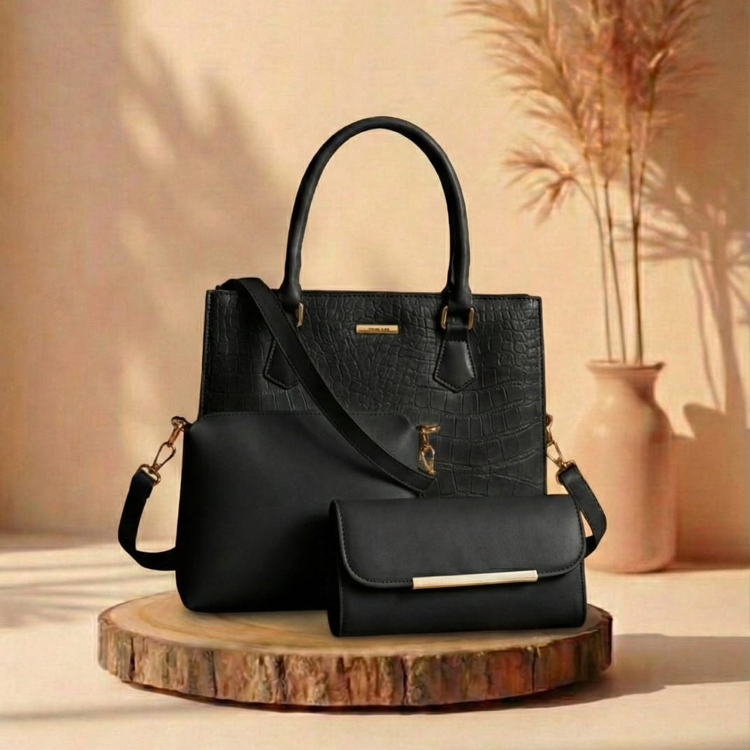 Black handbag on a wooden stand with a neutral background