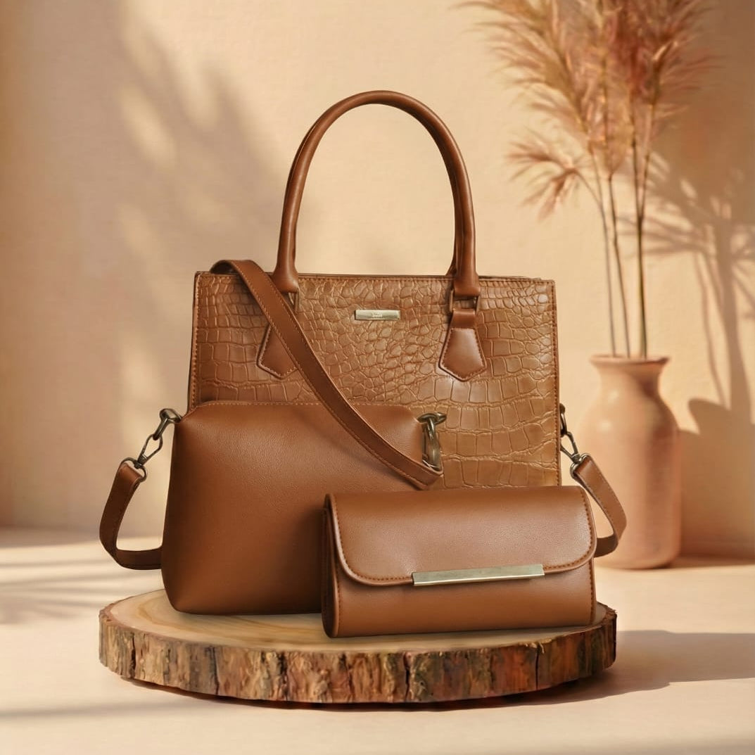 Brown leather handbag and matching pouch on a wooden stand with a neutral background
