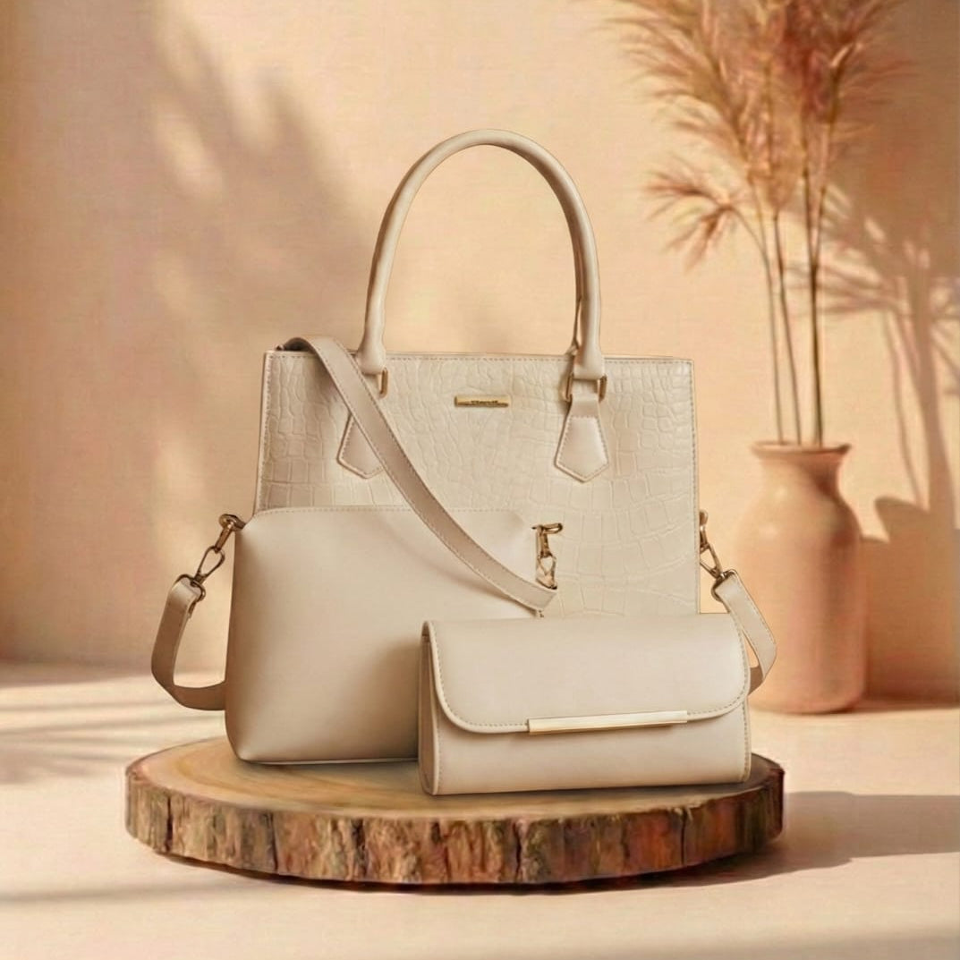 Light beige handbag on a wooden stand with a soft beige background and decorative elements.