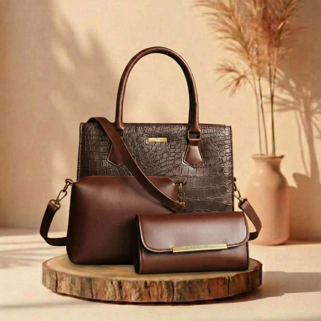 Two brown handbags on a wooden stand with a neutral background