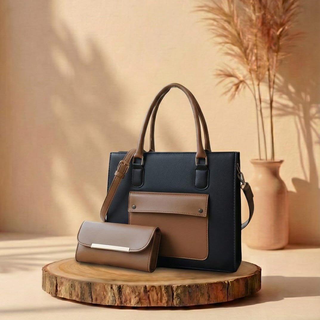 Two handbags on a wooden stand with a neutral background